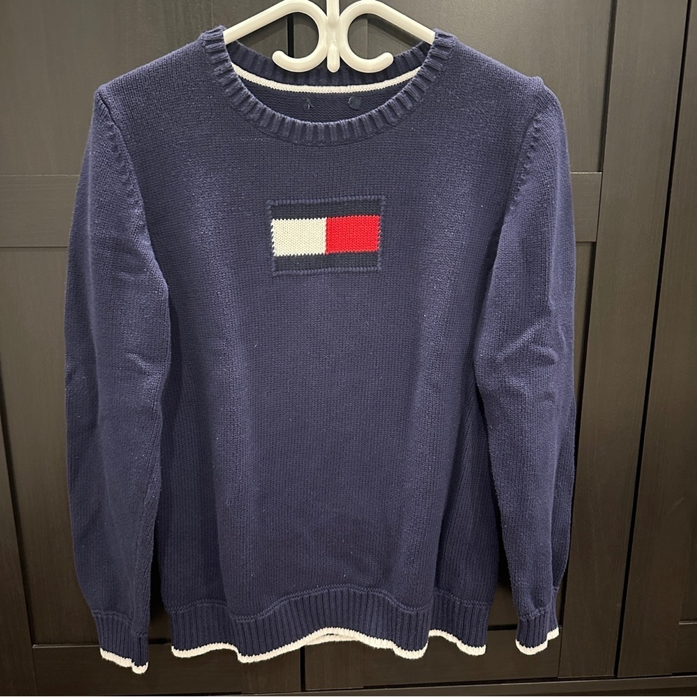 Vintage Tommy Hilfiger Navy Blue Cotton Sweater with Logo Women’s